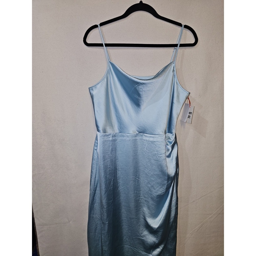 Open Edit Women's blue Satin Cowl Neck  Size Large  38 In Length NWT